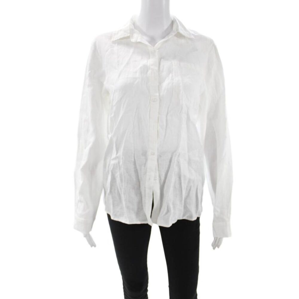 Muze Womens Collared Cotton Button Up Blouse White Long Sleeve Size M